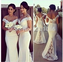 Custom Made 2016 Mermaid V neck Cap Sleeves White Satin Lace Long Cheap Bridesmaid font b