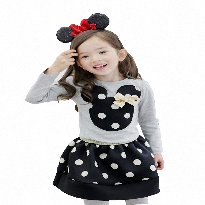 2015 girls spring cotton fashion sets baby girl cartoon t -shirts and dot skirts 2 pcs suits children cute set YF-113