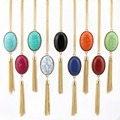 9 Colors Gold Tone Long Oval Stone and Chain Tassel Necklace Fashion Female Boho Jewelry Wholesale