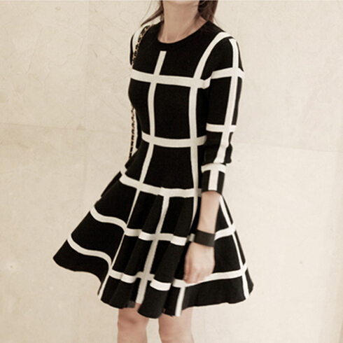 New 2015 Autumn Dress Fashion Women Knited Cotton Dress Long Sleeve font b Plaid b font