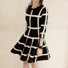 New 2015 Autumn Dress Fashion Women Knited Cotton Dress Long Sleeve Plaid Casual Dresses Women Winter Dress For Ladies 14OCT035