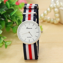 Free shipping 2015 New Geneva simple calibrated dial with slim stylish men s striped nylon watch