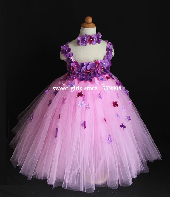 Beautiful designed pink tulle fairy tulle Little Bridesmaid Dresses Kids Crochet Tutu Flower Girl Dress add mutil-flowers