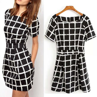 2015 Hot new women dress casual round neck short-sleeved plaid dress elegant chiffon dress chiffon dressPlus size QZ208