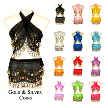 2015 New 2 Pieces Belly Dance Costume Set Warp Hip Scarf Belt Indian Style Golden Coins For Women 12 Colors