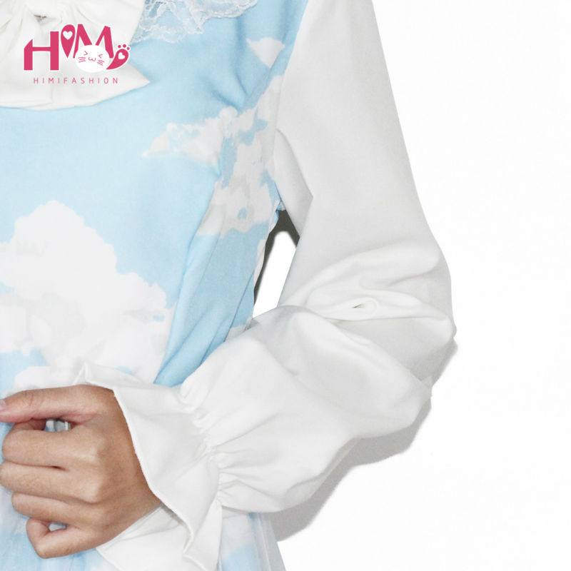 Lolita Dress Casual Cloud Prints Sky Blue Sailor Collar Short Or Long Sleeves Organza Sailor Dress Harajuku Cosplay Veil Dresses (8)