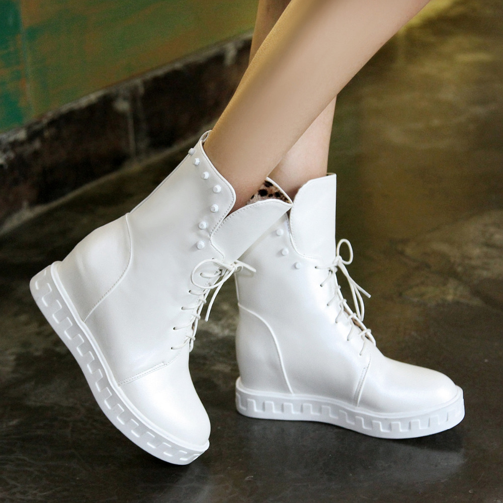 2016 New platform ankle boots women fashion round toe strap Martin boots large size women's shoes white black