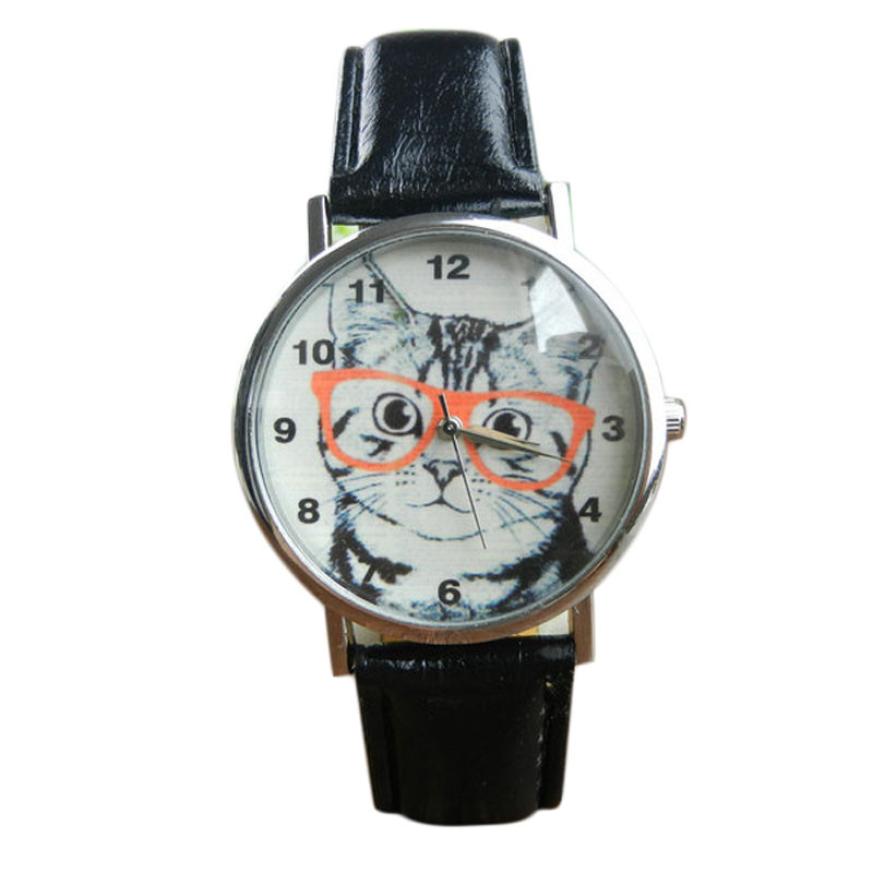 Newly Design Cute Wearing Glasses Cat Watch Fashion PU Leather Quartz Wrist Watches Sep17