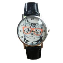Newly Design Cute Wearing Glasses Cat Watch Fashion PU Leather Quartz Wrist Watches Sep17