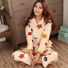 Women Pajama Sets Winter 2016 Autumn Thickening Coral Fleece Sleepwear Girl Pullover Cartoon O-neck Long-sleeve Lady Lounge