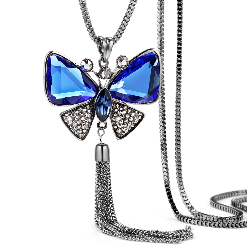 New Arrival Butterfly Necklace Trendy Zinc Alloy Rhinestone Crystal Necklace Long Chain Pendant Necklaces For Women