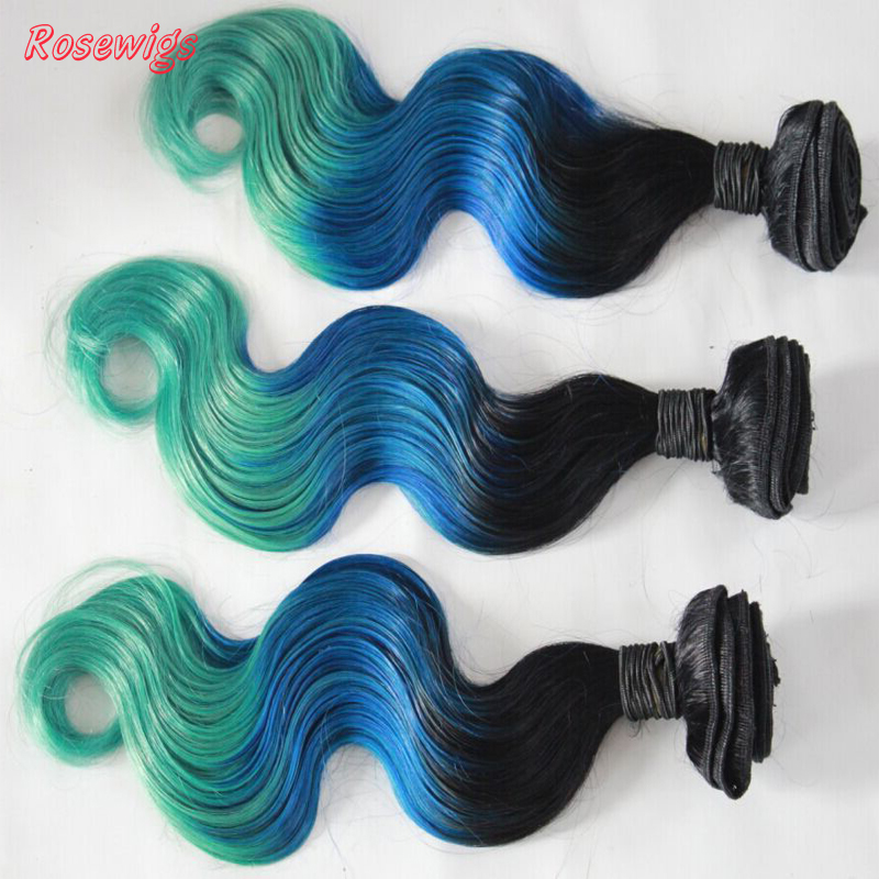 3Pcs Ombre Hair Extensions Malaysian Virgin Hair Body Wave 3 Tone 1b/blue/green Ombre Malaysian Hair Bundles 100% Human Hair 7A