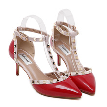 Women Heels Fasion Valentine Shoes Red Pointed Toe 7 cm Heel Women Office Shoes Low Heels Rivets Ankle Strap Heels