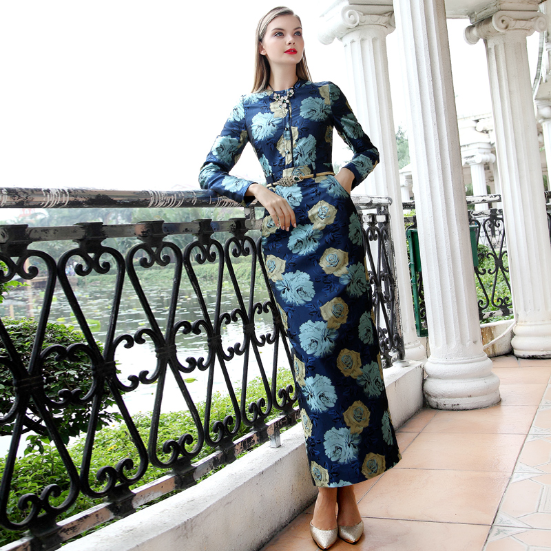 2016 High Qulity elegant Women long sleeves O-neck printed flower vestidos  maxi long Dresses  DF5518