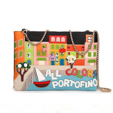 2016 Women Handbags Embroidery Flower Colorful House Messenger Bags Chain Envelope Clutch Tote Crossbody Shoulder Lady