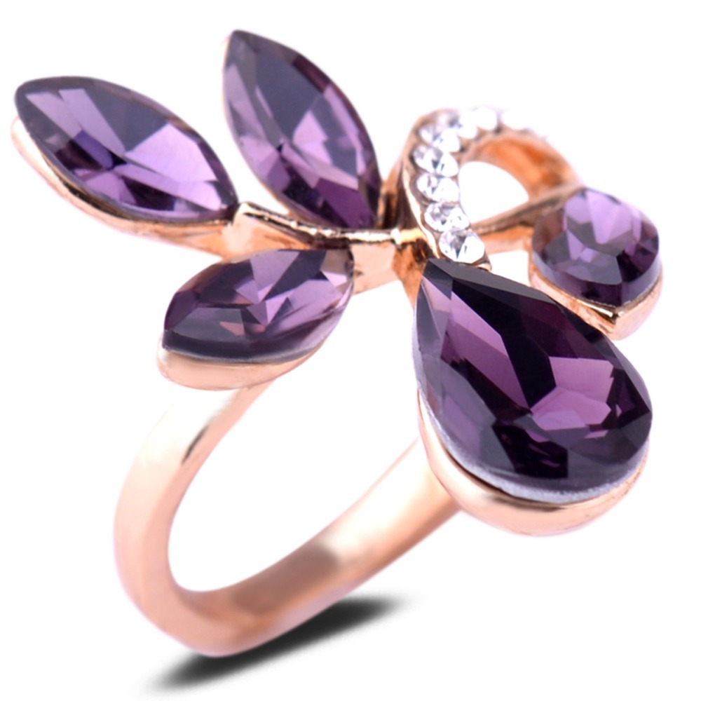 Gorgeous Rose Gold Purple Cut Rhinestone Leaves Shape Rings for Women Fine and Fashion Jewelry