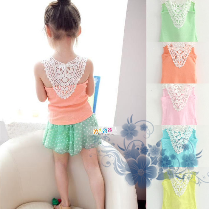 2015 Hot sale Kids Girls Crochet Hollow Out Floral Tops T Shirts Vest T shirts Candy