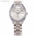 Taylor Cole Brand Silver White Date 24 Hours Chronograph Stainless Steel Band Crystal Luminous Hands Quartz