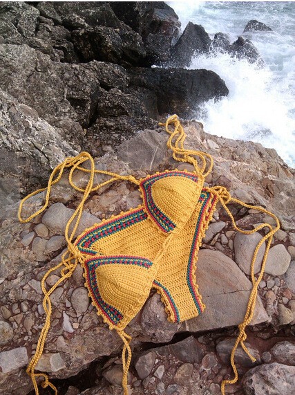 2015 boho beach wear Cotton Biquini Handmake Hatler Bikini Knitted Bikini Croche String Bottom Yellow Swimsuit biquini de croche02