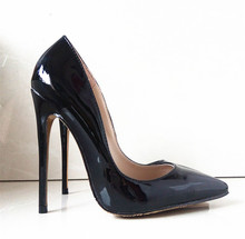 Black Patent PU Leather High Heels Fashion Ladies Shoes Pointed Toe Thin Heels Shoes Woman Wedding Shoes Pumps Size 39,B-002