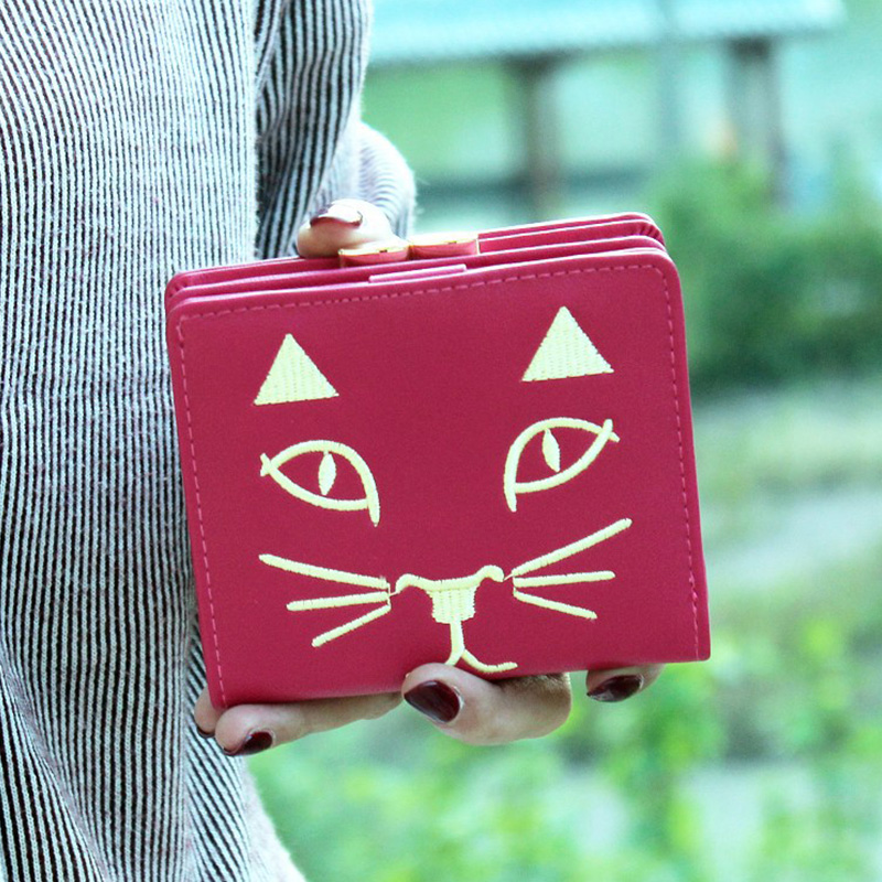 New Arrival Women Short Wallets Cute Cat PU Leather Coin Wallet Hit Color Embroidery Money Bag Business Card Purse ID Holder