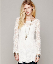 2016 Fashion Boho Style Woman Tops Lady Casual Beige Long Sleeve Hollow Crochet Lace Blouse Beach Clothing