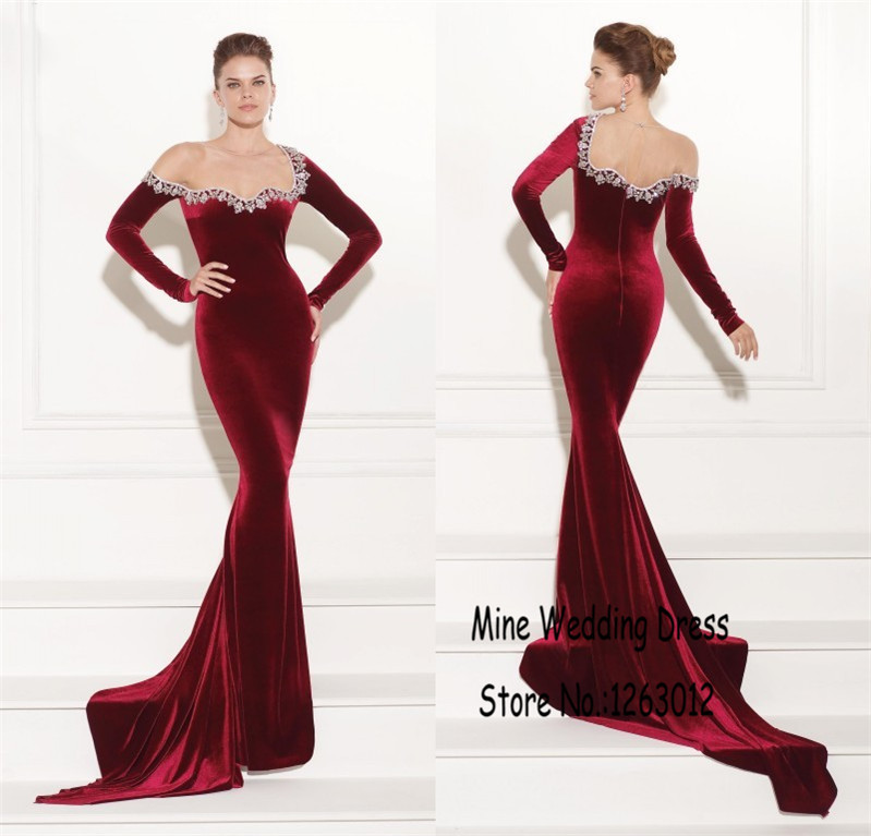 Sexy brillante con cuentas de manga larga agraciado elegante fuera del hombro vestidos fiesta Formal vestidos sirena de lujo Velvet vestido de noche en