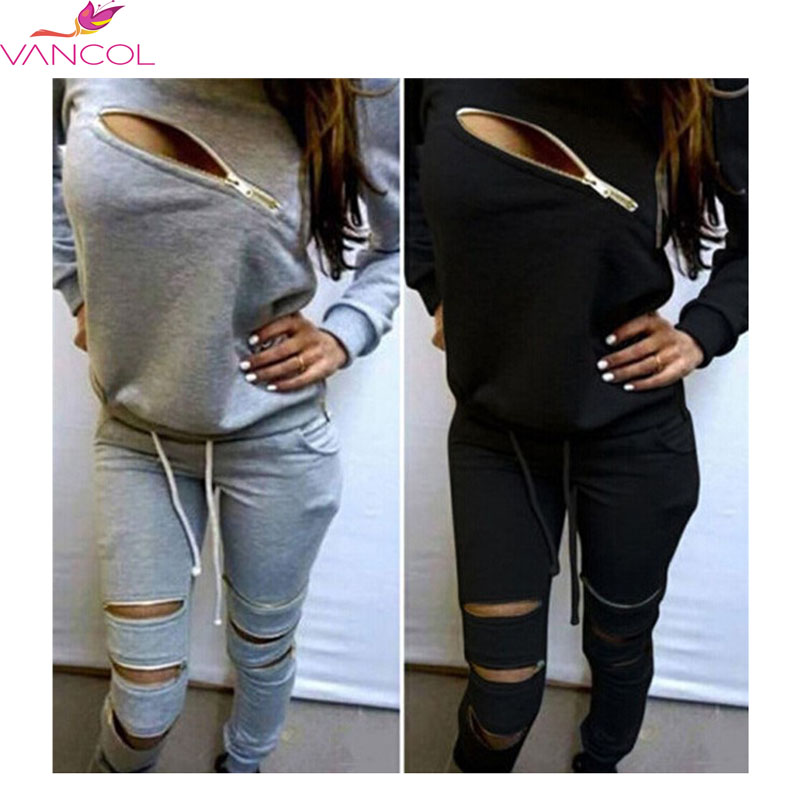 2016 Spring Tracksuit For Women Set 2 Piece Tracksuit Zip Long Sleeve Black Grey Sweatsuit Plus