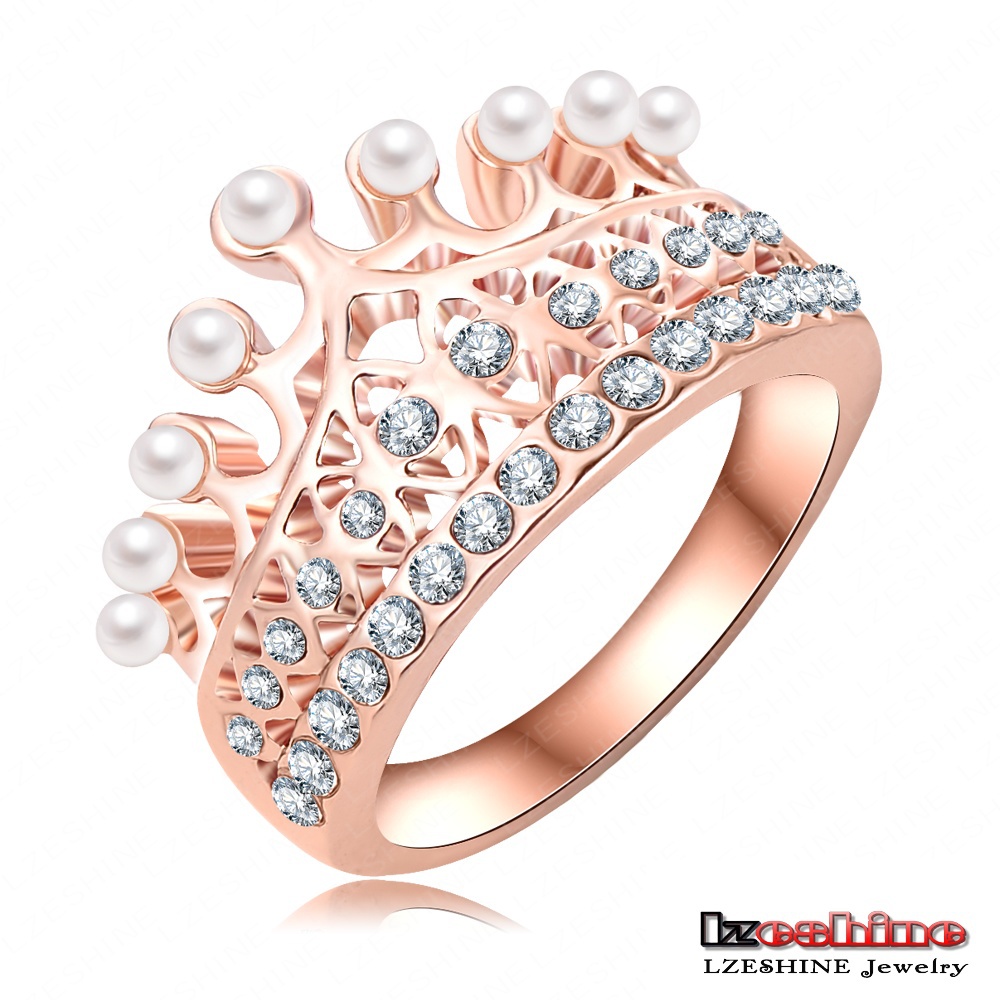 Принцесса корона кольцо 18 K розовое золото плита с австрийской кристалл и жемчуг мяч Elegent женщины кольцо анель feminino Ri-HQ0375