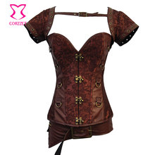 Brown Brocade & Leather Bustier Steampunk Corset Steel Boned Waist Training Corsets Sexy Korse Corselet Overbust Gothic Clothing