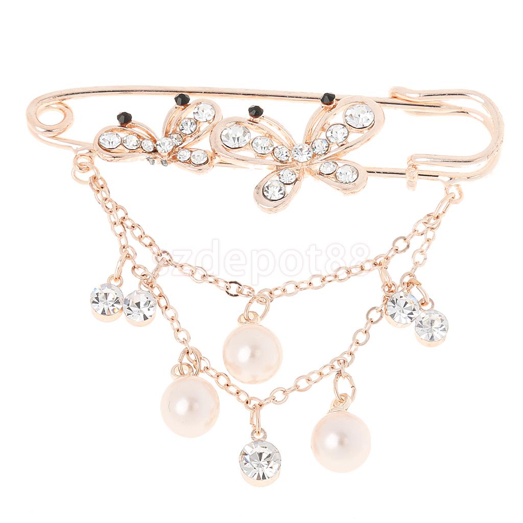Rhinestone Metal font b Kilt b font Pin Pearl Butterfly Brooch Large Safety Pin Gold