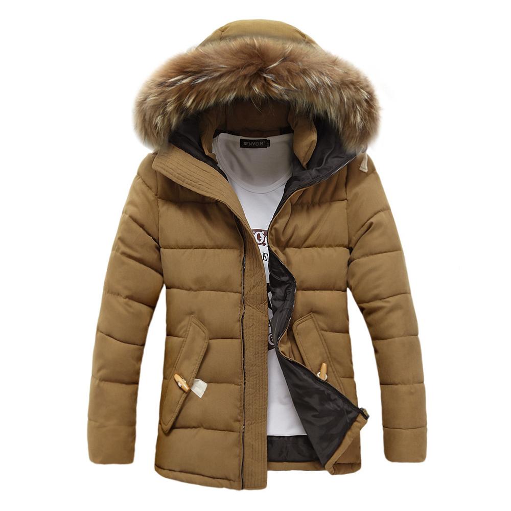 2015 New Fashion Men Hooded Padded Coat Male Solid Cotton Raccoon Fur Parka Warm Winter Mens Coats Chaqueta Hombre 13M0224