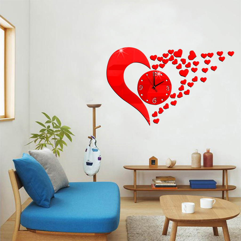 DIY Wall Clock Sticker Love Heart Shaped 3D Mirror Surface Home Room Decor 