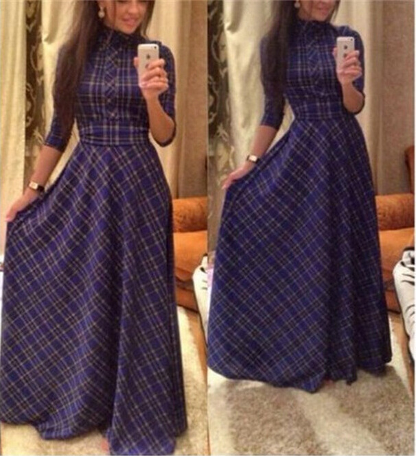 2016 winter fall maxi long dress designer womens vintage classic font b plaid b font floor