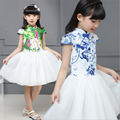 2016 New Chinese Style Baby Girls Princess Tutu Dress Kids Floral Costume Girls Knee Length Cotton