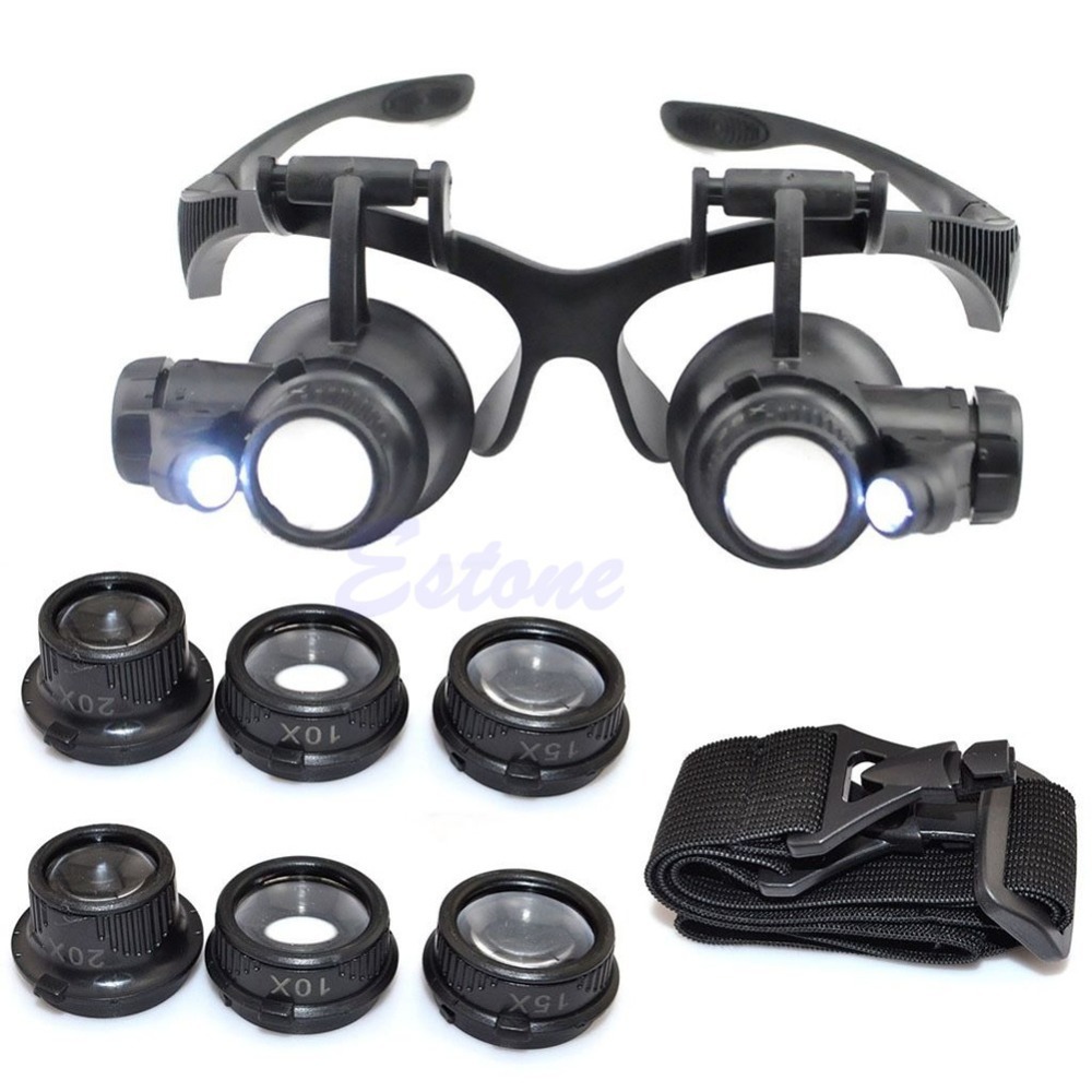 Free Shipping 10X 15X 20X 25X LED Double Eye Jeweler Watch Repair Magnifier Glasses Loupe Lens