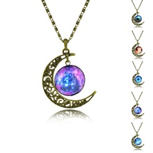 Moon Pendant  Necklace Brand Fashion Jewelry Galaxy Glass cabochon vintage bronze Chain statement necklace women accessories