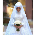 Oumeiya OW306 With Hijab Veil High Neck Long Sleeve Beaded Lace Appliqued Ball Gown Wedding Dresses
