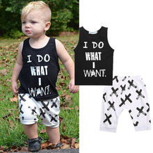 2016 2pcs Lovely Toddler Baby Boys Clothes Sets Cotton Tops Vest Tee T-Shirts + Short pants Shorts Letter Black 2pcs Outfits Boy