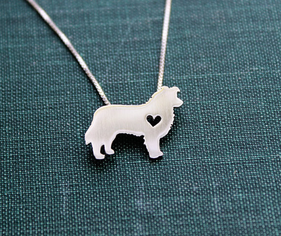 Border Collie necklace, tiny sterling silver hand cut pendant with heart, tiny dog breed jewelry