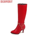 Zipper Soft PU Faux Leather Red Thin High Heels Chain Fashion Style Womens Over Knee High