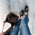 Casual Genuine Leather Round Toe Big Metal Buckle Women Flat Loafer Slip on Shoes Slide Slipper