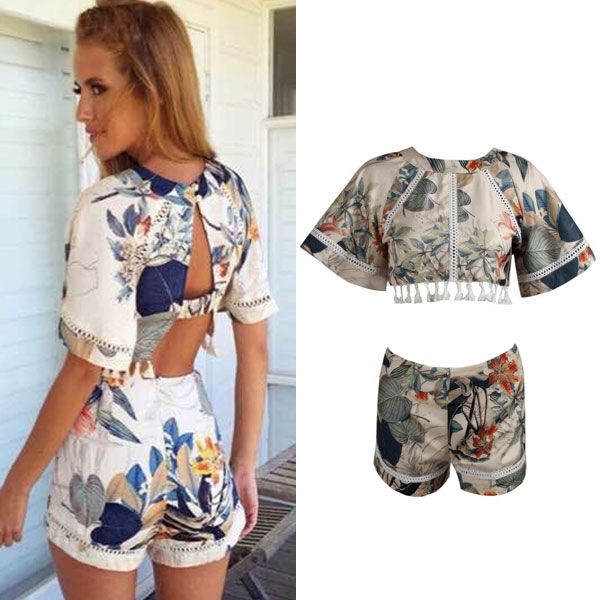 2015 Summer Women Sexy Floral Tassel Two-piece Backless Casual Crop Tops + Pants Shorts Suit Sets Fashion