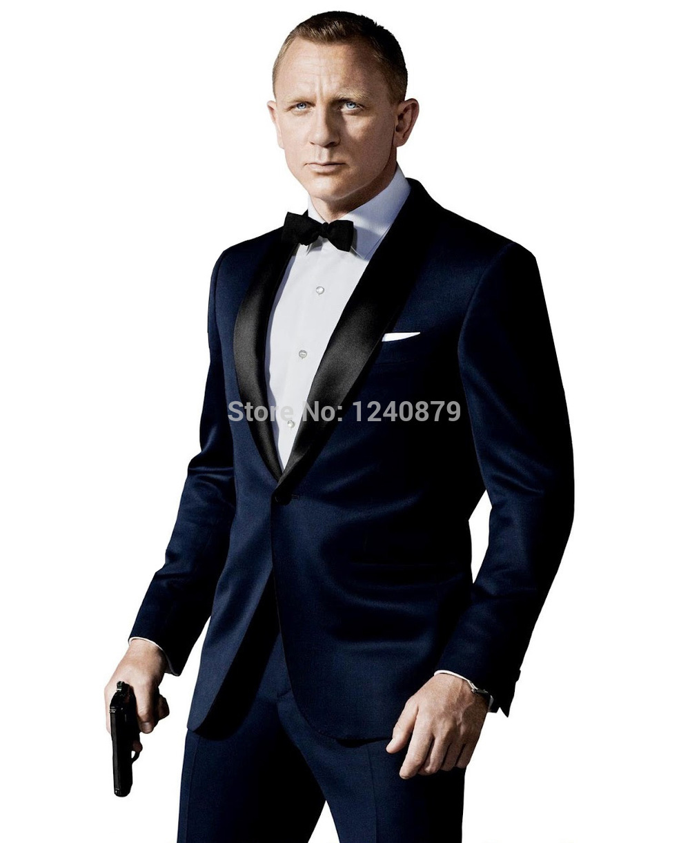 Custom Made Dark Blue Tuxedo Inspired By Suit Worn In James Bond Wedding Suit For Men Groom Jacket Pants Bow black