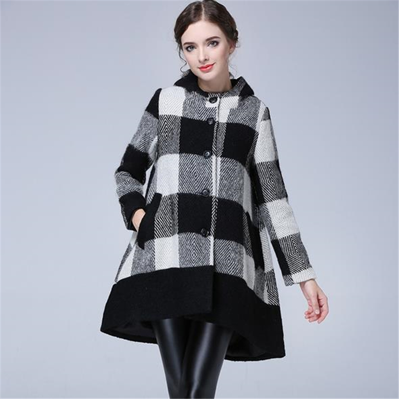 2015 New Women Autumn Winter Coat Female Long A-line Loose Woolen Jacket Plus Size Plaid Button Hooded Pregnant Outwear ZS550