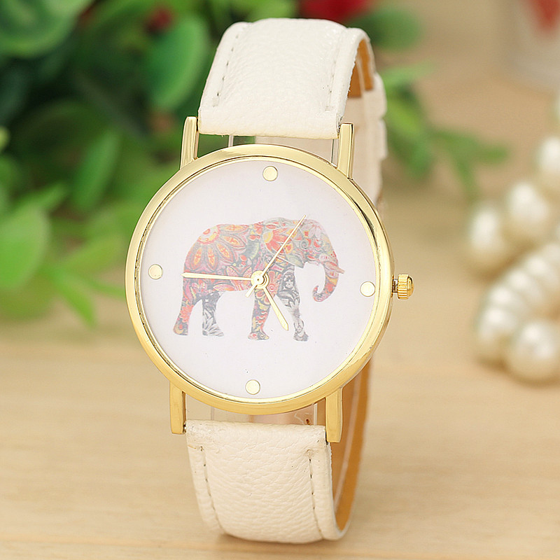 Durable Fashion Women Elephant Printing Pattern Weaved Faux Leather Quartz Dial Watch 12.31