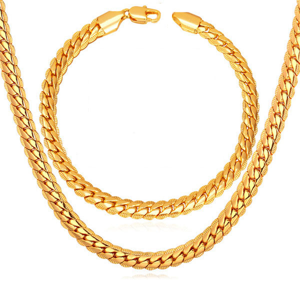 hot sale New Fashion Gold Chain For Men Necklace Bracelet Set 18K Real Gold Plated 46CM/55CM ...