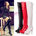 Sexy Lace High Heeled Patent Leather Knee Boots Plus Size 40 43 Zipper Nightclub Dancing Boots