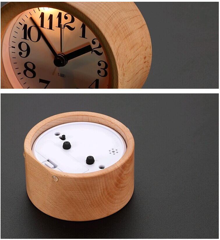 Small Wood Round Alarm Clock Silent Digital Nightlight Desk Alarm Clock