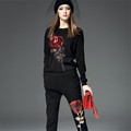 Best Quality Black Cotton Long Sleeve Sweater Full Length Pencil Trousers Women Suits with Big Red